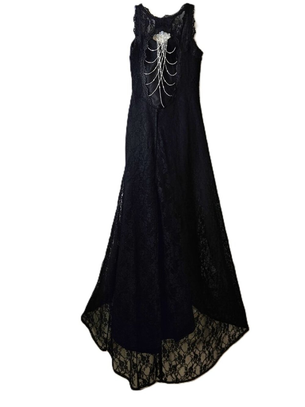 Black Lace Formal Gown Beaded Back Train Evening Dress XS